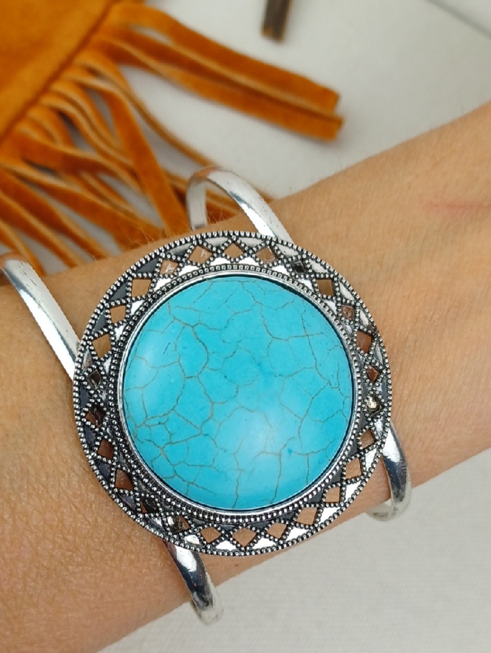 Turquoise Boho Blue Crackle Stone Silver Cuff Bracelet